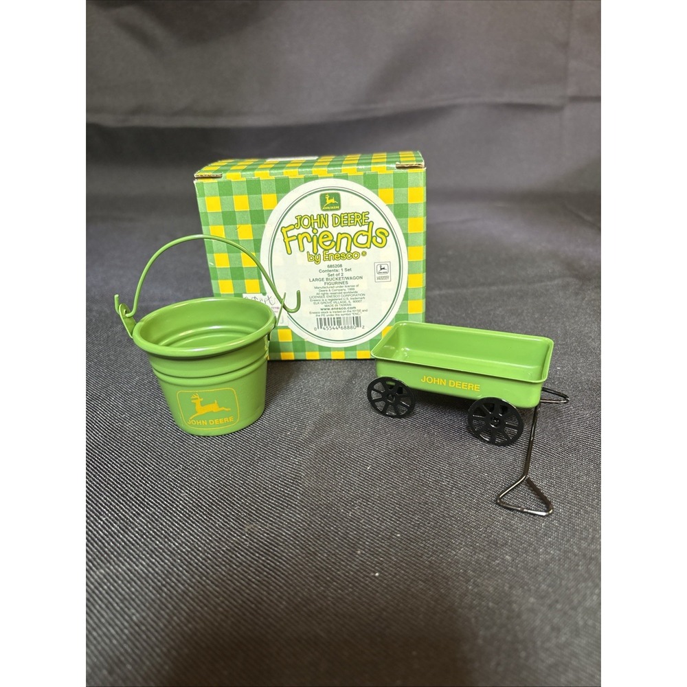 John Deere Enesco Set 2 Miniature Metal Tin Wagon & Bucket Ornaments 685208